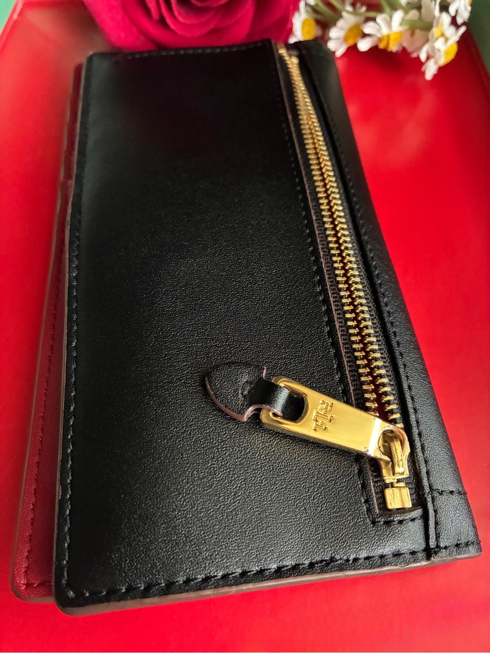 Ralph Lauren Black Leather Zip Wallet with Gold-Tone Hardware